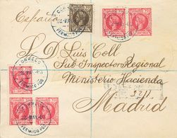 1903. 5 Cts Carmín, Cinco Sellos Y 50 Cts Castaño. Certificado De FERNANDO POO A MADRID (dirección Recortada Y Reconstru - Sonstige & Ohne Zuordnung