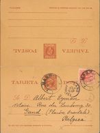 1910. 3 Ctvos+3 Ctvos Castaño Sobre Tarjeta Entero Postal De Ida Y Vuelta, La Ida Circulada De MADRID A GANTE, Con Franq - Other & Unclassified