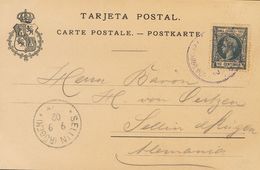 1902. 10 Cts Azul. Tarjeta Postal De FERNANDO POO A SELLIN (ALEMANIA). Matasello CORREOS / FERNANDO POO, En Violeta Y Ll - Autres & Non Classés