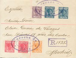 1908. 2 Cts, 3 Cts, 5 Cts, Dos Sellos, 10 Cts Y 25 Cts. Frontal De Certificado De BATA A MADRID. Matasello Oval CORREOS  - Autres & Non Classés