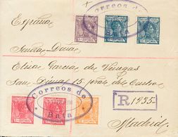 1908. 2 Cts, 3 Cts, 5 Cts, Dos Sellos, 10 Cts Y 25 Cts. Frontal De Certificado De BATA A MADRID. Matasello Oval CORREOS  - Other & Unclassified
