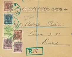 1909. 5 Cts Sobre 2 Cts Azul SOBRECARGA DOBLE En Negro Y Carmín Y Diversos Valores. Certificado De BATA A MADRID. Al Dor - Other & Unclassified