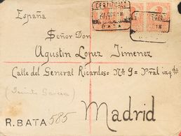 1917. 20 Cts Rojo, Tira De Tres. Certificado De BATA A MADRID. Al Dorso Llegada. MAGNIFICA Y RARA. - Autres & Non Classés