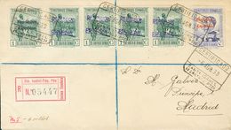 1933. 1 Cts Verde CAMBIO DE COLOR EN LA SOBRECARGA, En Violeta Tira De Cuatro, 1 Cts Verde Y 80 Cts Azul. Certificado De - Autres & Non Classés