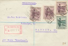 1934. 15 Cts Verde Oscuro Y 20 Cts Violeta, Tres Sellos. Certificado De SANTA ISABEL A MADRID. Al Dorso Llegada. MAGNIFI - Sonstige & Ohne Zuordnung