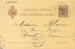 1909. 10 Cts Castaño Sobre Tarjeta Entero Postal De Vuelta De BATA A PARIS. Matasello ADMINISTRACION DE CORREOS / BATA,  - Autres & Non Classés