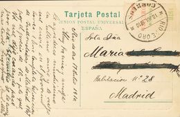 1910. 10 Cts Sobre Borde De Hoja, En Verde. Tarjeta Postal De RIO DE ORO A MADRID. Al Dorso Llegada. MAGNIFICA Y RARA. - Otros & Sin Clasificación