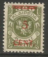 Klaipeda (Memel) - 1923 Arms CENT Overprint 5c/100m, Unused No Gum    Mi 174 - Unused Stamps