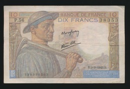 Billet De La Banque De FRANCE 10 Francs 1943  2 SCANS - 10 F 1941-1949 ''Mineur''