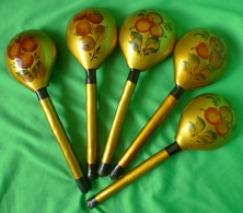 Vintage RUSSIAN Folk Art KHOKHLOMA Hand PAINTED Wooden Spoon 5psc Soviet Cutlery - Spoons