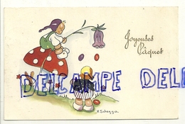Joyeuses Pâques. Lutin, Champignon, Bébé, Oeufs. Signée Scheggia. 1947 - Altre Illustrazioni