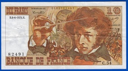 10 FRANCS BERLIOZ BILLET BANQUE DE FRANCE USAGE SANS TROU TYPE 1972  C.54. N° 82491 DU H.6-6-1974.H..serbon63 - 10 F 1972-1978 ''Berlioz''