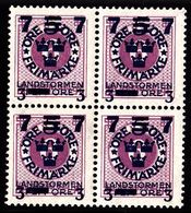 1918. Landstorm III. 7+3 On 5+Fem Öre On 6 ö. Lilac Wmk Wavy Lines. Block Of 4. (Michel 119) - JF101029 - Unused Stamps