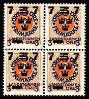 1918. Landstorm III. 7+3 On 5+Fem Öre On 2 ö Orange Wmk Wavy Lines. Block Of 4. (Michel 115) - JF101033 - Unused Stamps