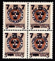 1918. Landstorm III. 7+3 On 5+Fem Öre On 3 ö Yellow Brown Wmk Wavy Lines. Block Of 4. (Michel 116) - JF101034 - Unused Stamps