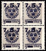 1918. Landstorm III. 7+3 On 5+Fem Öre On 4 ö. Gray Wmk Wavy Lines. Block Of 4. (Michel 117) - JF101035 - Unused Stamps