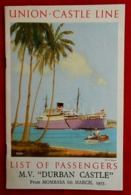 Paquebot Durban Castle - Liste Des Passagers - Mombassa/England - 1955 - Sammlungen