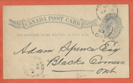 CANADA ENTIER POSTAL REPIQUE DE 1883 DE TORONTO POUR BLACKS CORNERS - 1860-1899 Victoria