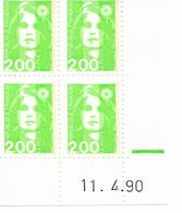 Marianne De Briat Dite Du Bicentenaire 2 F Vert Clair Coin Daté 11.4.90 Bloc De 4 Coin De Feuille - 1990-1999