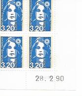 Marianne De Briat Dite Du Bicentenaire 3,20 Bleu Coin Daté 28.2.90 Bloc De 4 Coin De Feuille - 1990-1999