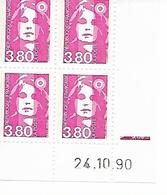 Marianne De Briat Dite Du Bicentenaire 3,80 Rose Coin Daté 24.10.90 Bloc De 4 Coin De Feuille - 1990-1999