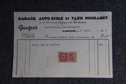 Facture Ancienne - NARBONNE, Garage , Auto Ecole Et Taxis NOUGARET. PEUGEOT. - 1900 – 1949