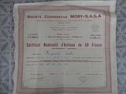 ACTION SOCIETE COOPERATIVE MORY SAGA 7 RUE MONTCHANIN PARIS A HYVERT CHARLES ASNIERES JUIN 1942 - Sonstige & Ohne Zuordnung