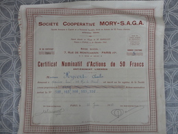 ACTION SOCIETE COOPERATIVE MORY SAGA 7 RUE MONTCHANIN PARIS A HYVERT CHARLES ASNIERES JUIN 1942 - Autres & Non Classés