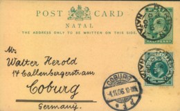 1906, INCOMING MAIL, Ganzsachenkarte Aus DURBAN NATAL" Nach Coburg - Natal (1857-1909)