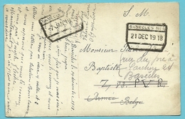 Kaart Met Spoorwegstempel BASECLES N° 1 Op 21/12/1918 (noodstempel) Naar "Armee Belge" - Fortune (1919)