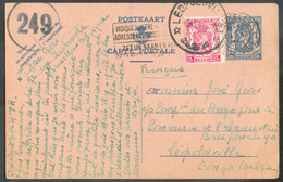 E.P. Carte 50 Centimes Petit Lion Sceau De L'Etat + Tp 25 Centimes Obl. Méc. De BRUXELLES Le 29-XII-1944 Vers Léopoldvil - Cartes Postales 1934-1951