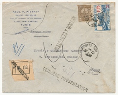 TUNISIE - Env. En Tête Pietri (Avocat) Rec De Tunis Roustan 1938 - Retour Envoyeur / Dernière Présentation - Storia Postale