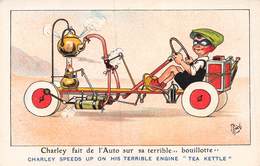 20-3843 : CARTE ILLUSTREE PAR MICH. CHARLEY FAIT DE L'AUTO SUR SA TERRIBLE BOUILLOTTE. LAMPE A PETROLE. - Mich