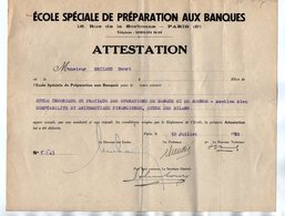 VP17.002 - PARIS 1933 - Ecole Spéciale De Préparation Aux Banques - Attestation - Mr Henri BRIZARD Né à BAZANCOURT - Diplomi E Pagelle