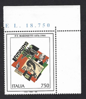 Italia 1996; Filippo Marinetti, Fondatore Movimento Futurista: Francobollo Di Angolo Superiore Con Il Prezzo Del Foglio - 1991-00: Nieuw/plakker
