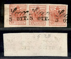 ANTICHI STATI ITALIANI - LOMBARDO VENETO - 1852 - 15 Cent (6) - Striscia Di Tre Usata A Lecco - Bordo Foglio A Sinistra  - Otros & Sin Clasificación