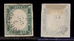 ANTICHI STATI ITALIANI - SARDEGNA - 1855 - 5 Cent (13c - Verde Pisello) Usato A Torino - Diena + Oliva + Cert. AG (4.000 - Altri & Non Classificati