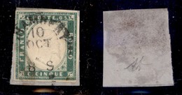 ANTICHI STATI ITALIANI - SARDEGNA - 1855 - 5 Cent (13d - Verde Smeraldo) Usato A Chambery Su Frammento - Cert. AG (950) - Andere & Zonder Classificatie