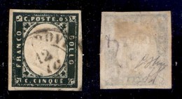 ANTICHI STATI ITALIANI - SARDEGNA - 1857 - 5 Cent (13Ab - Verde Mirto Scuro) Usato - Oliva + Diena + Cert. AG (1.400) - Sonstige & Ohne Zuordnung