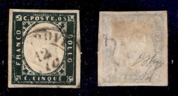 ANTICHI STATI ITALIANI - SARDEGNA - 1857 - 5 Cent (13Ab - Verde Mirto Scuro) Usato - Oliva + Diena + Cert. AG (1.400) - Other & Unclassified