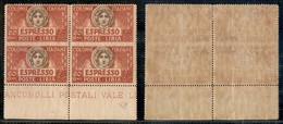 COLONIE - LIBIA - 1921 - 50 Cent (4g Varietà K) - Quartina Bordo Foglio Non Dentellata Al Centro Con Filigrana Croce Nei - Sonstige & Ohne Zuordnung