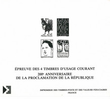 EPREUVE NOIR ET BLANC 4 TIMBRES USAGE COURANT 2OOEME ANNIVERSAIRE DE LA PROCLAMATION DE LA REPUBLIQUE - Epreuves D'artistes