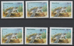La Tortue Verte Green Turtle Schildkröte 2014 Joint Issue Faune Fauna Madagascar Seychelles France Comores MNH 6 Val. ** - Seychelles (1976-...)