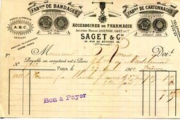 PARIS.FABRIQUE DE BANDAGES & DE CARTONNAGES.ACCESSOIRES DE PHARMACIE.SAGET & Cie 36 RUE DE SEVIGNE.(P.J) - Droguerie & Parfumerie