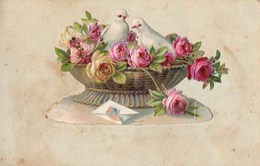 Jolie Carte Avec Découpis : Panier De Fleur Avec Deux Tourterelles - Animales