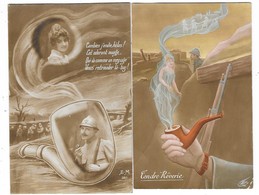 SURREALISME Ensemble De 2 Cartes Militaire Fumeur De Pipe Avec Femme Dans La Fumée - Photographs