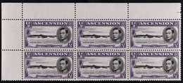 1944 ½d Black And Bluish Violet, Upper Left Corner Block Of Six, One Showing Long Centre Bar To "E", SG 38ba, Never Hing - Ascension