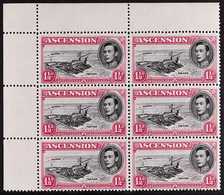 1953 1½d Black And Rose-carmine Perf. 13, Upper Left Corner Block Of Six, One Showing CUT MAST AND RAILINGS, SG 40fb, Ne - Ascensión