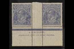 1926-30 3d Dull Ultramarine KGV Head Perf 14, SG 90, Fine Mint Marginal Horizontal Gutter PAIR WITH MULLET IMPRINT (both - Other & Unclassified