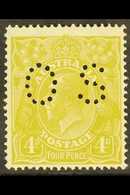 OFFICIAL 1926-30 4d Yellow- Olive Perf 14, Punctured "OS", SG O94, Never Hinged Mint. A Beauty, Scarce In This Condition - Altri & Non Classificati